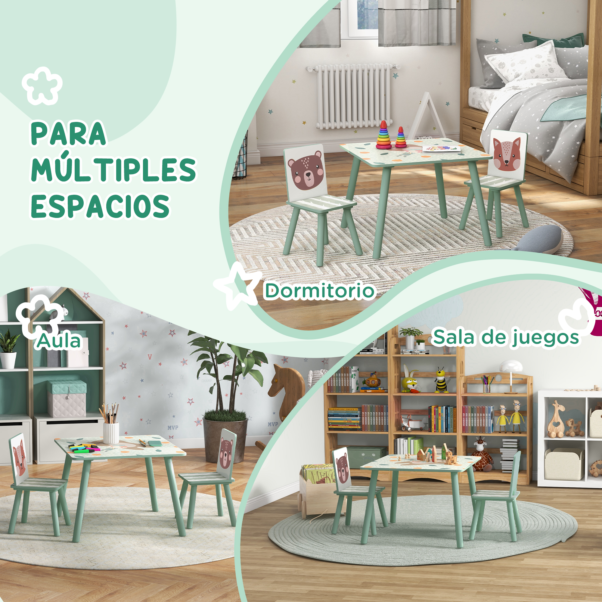 Habitación infantil con mesa de juegos, sillas, cama y estanterías.