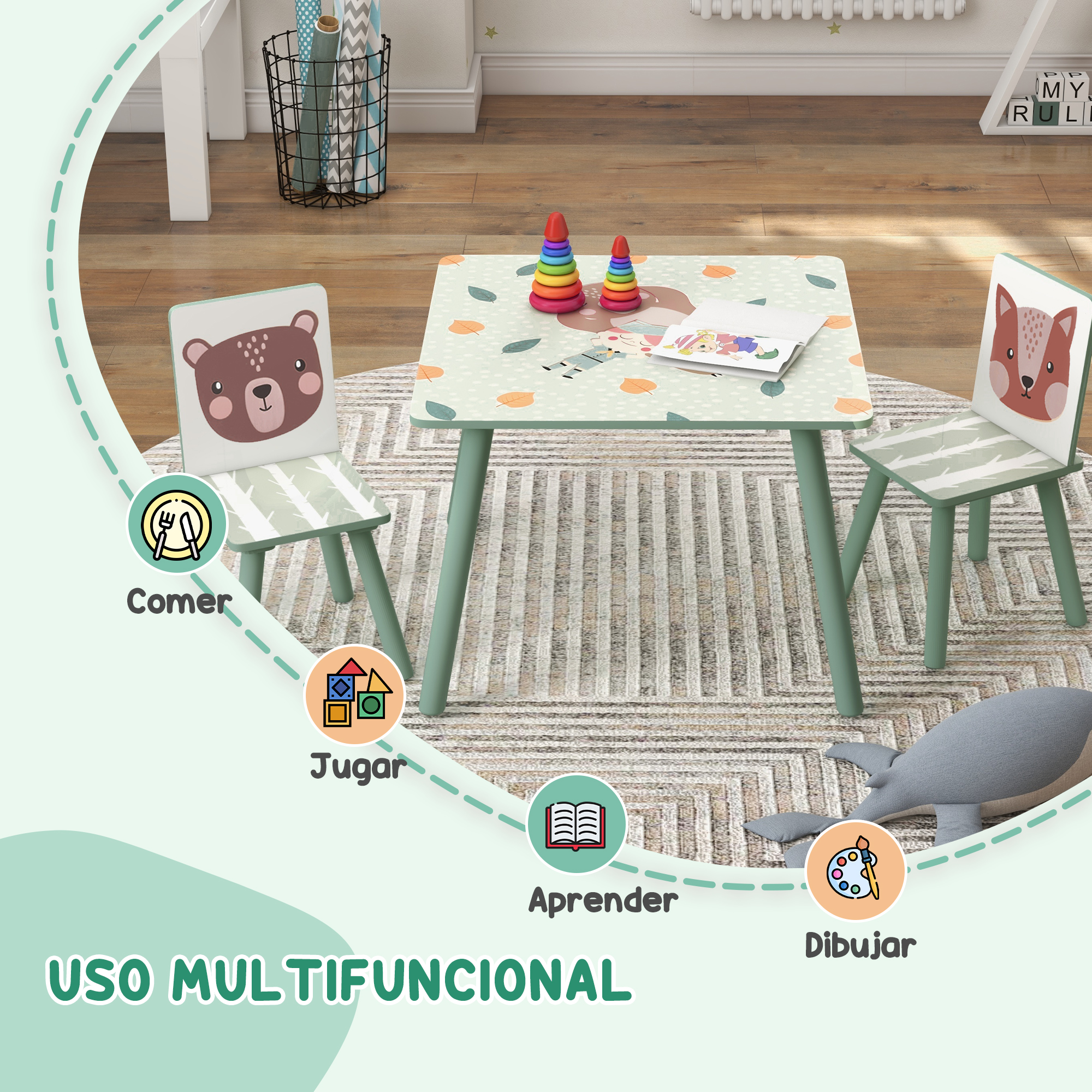Una mesa infantil y dos sillas con diseños de animales sobre una alfombra.