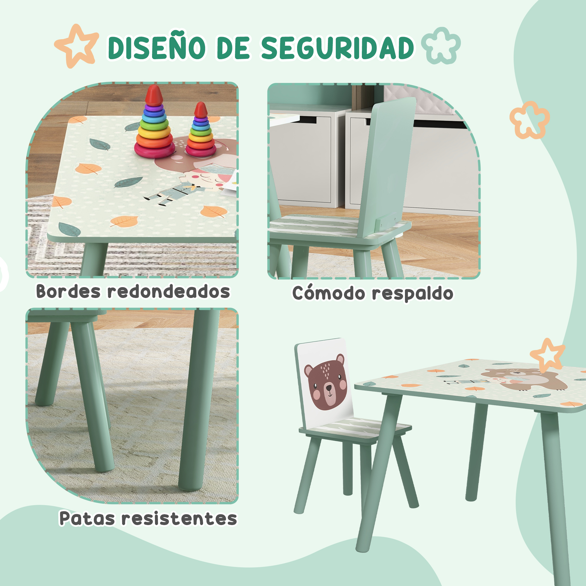 Un set de mesa y silla infantil verde menta con diseños de animales. Juguetes apilables coloridos.