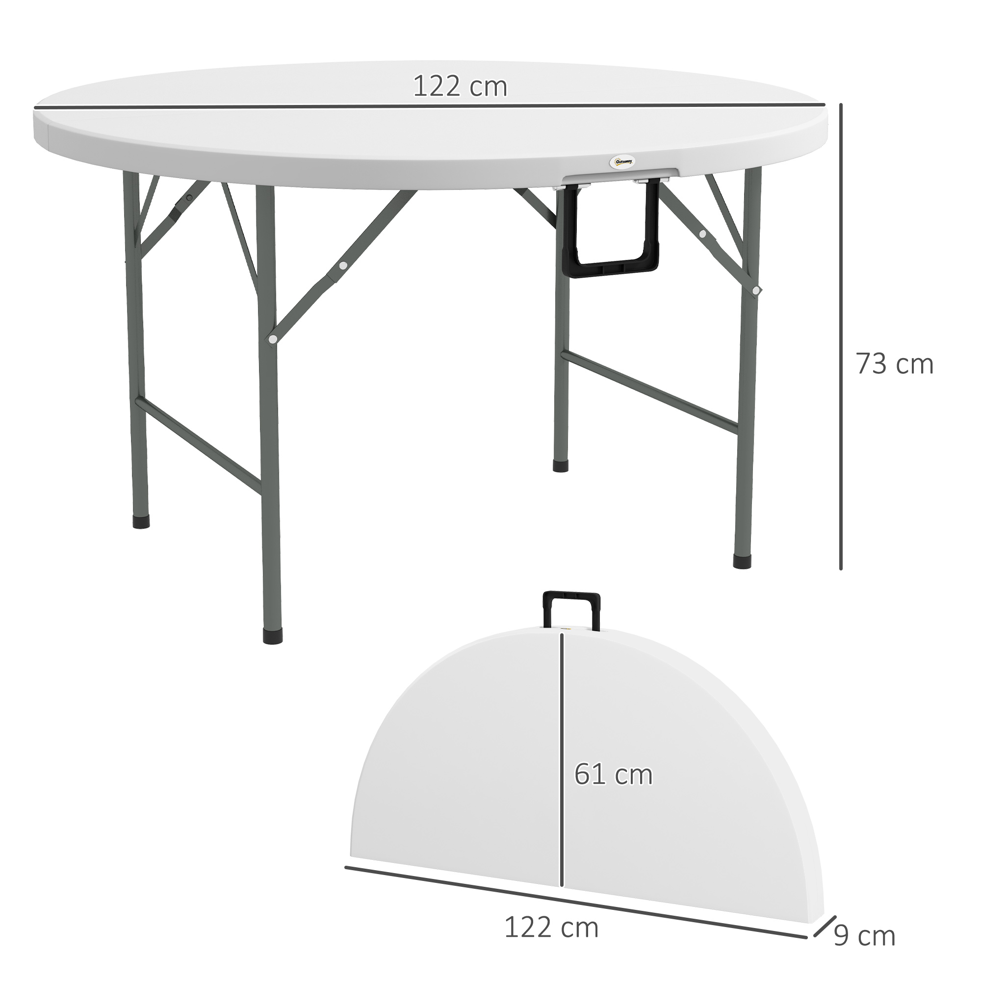 Tavolo rotondo pieghevole bianco, largo 122 cm, alto 73 cm, piegato semicircolare.