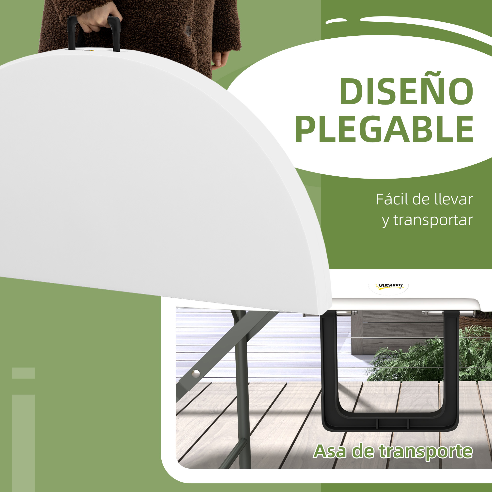 Persona sujetando asa de mesa plegable blanca. "Diseño plegable".