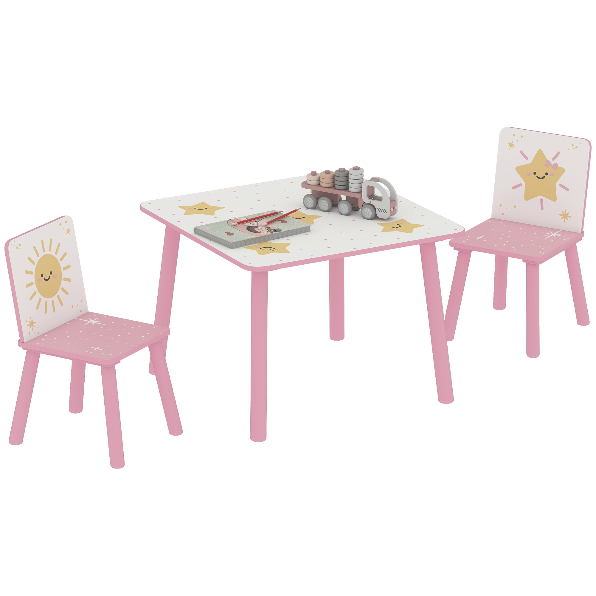 Tavolo per bambini rosa con due sedie, decorato con stelle e soli.