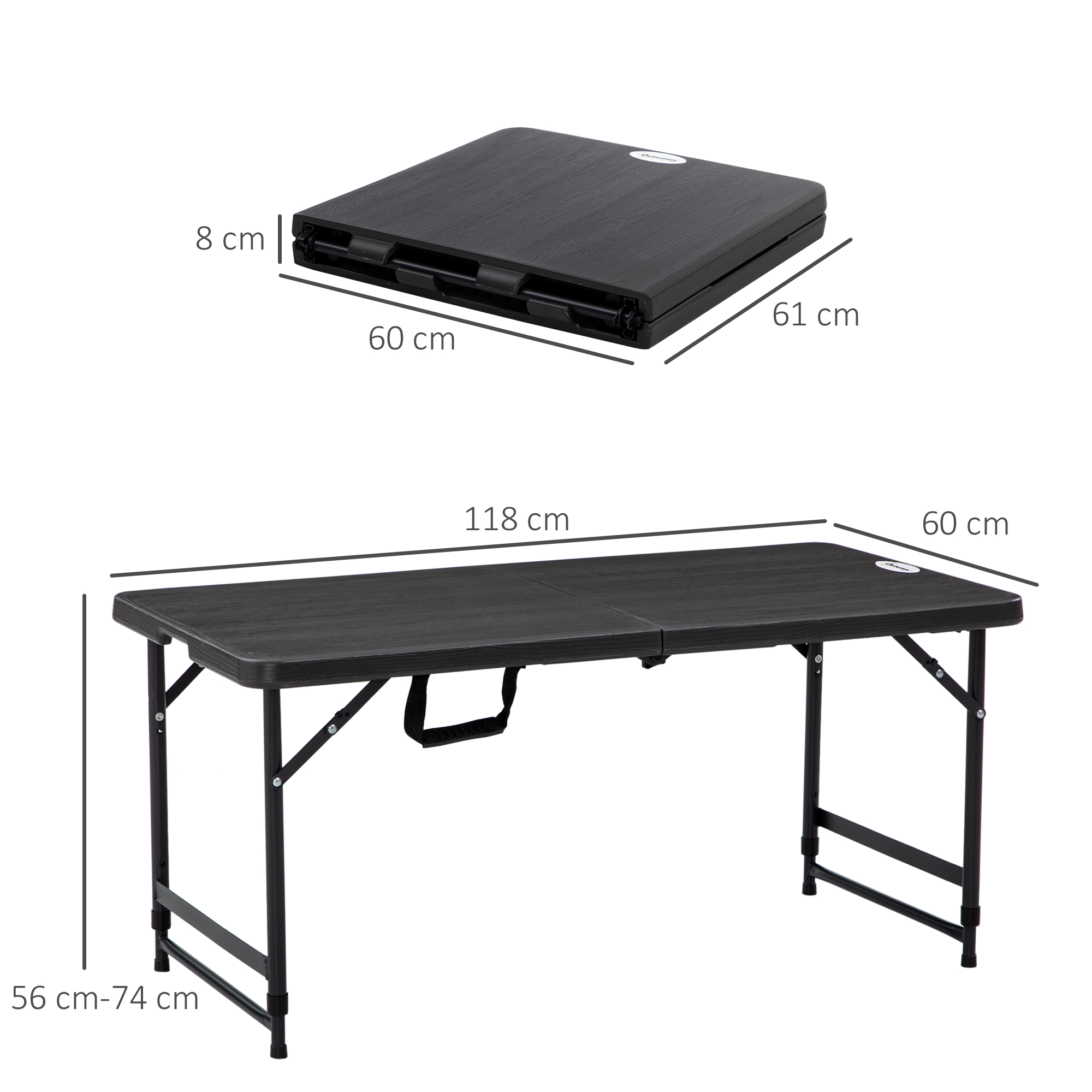 Se muestra una mesa plegable negra abierta y cerrada. Se indican las dimensiones.