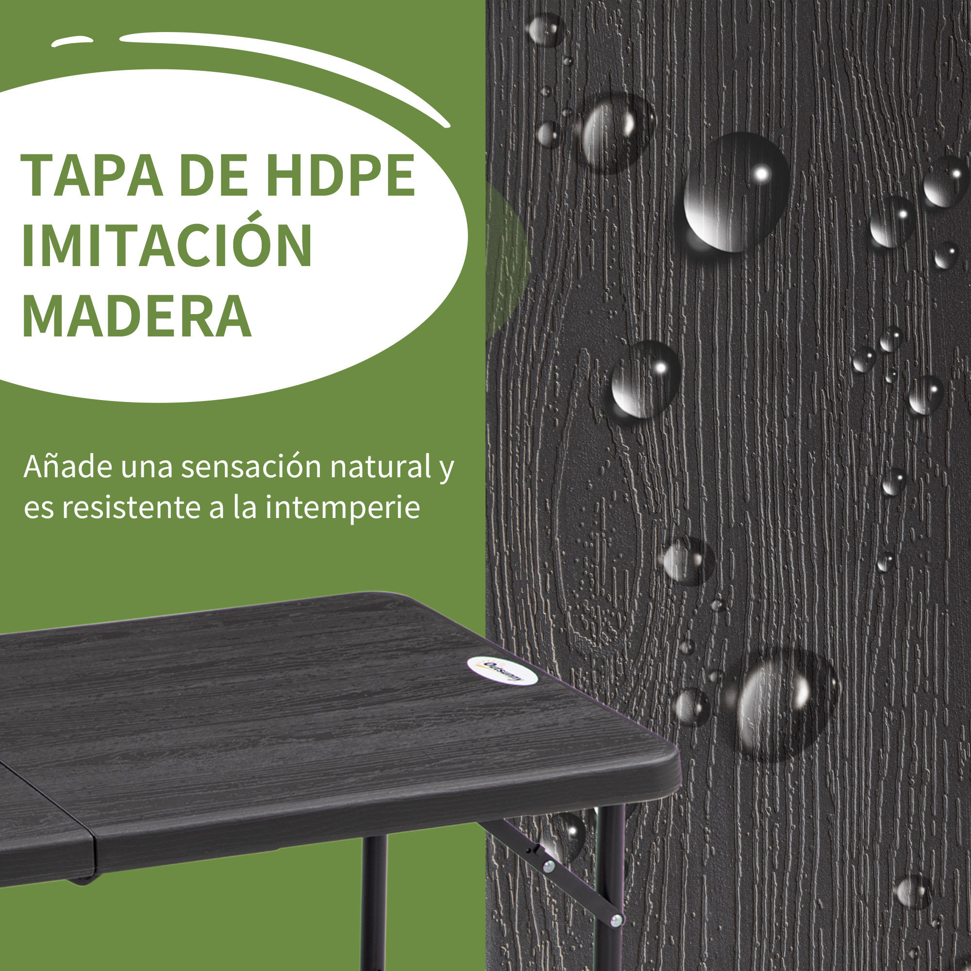 Encimera negra de HDPE con textura de madera y gotas de agua.