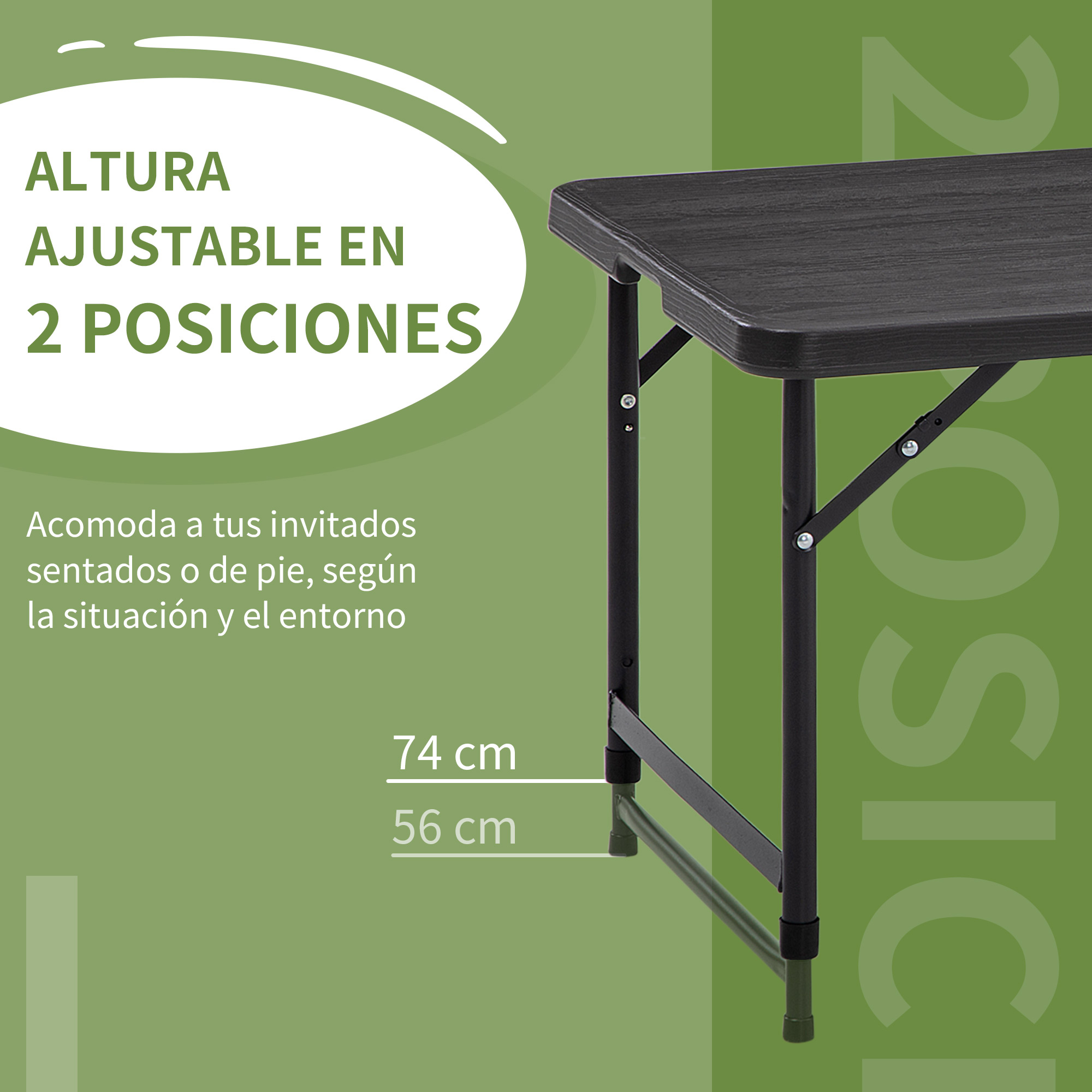 Mesa negra con altura ajustable en 2 posiciones, 74 cm y 56 cm.