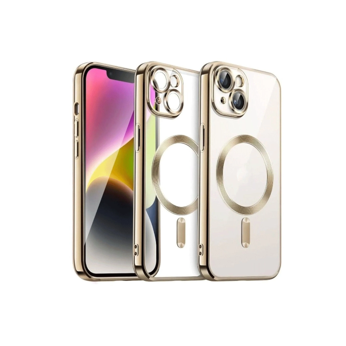 Arkada manyetik halka gösteren üç şeffaf kılıflı altın iPhone.
