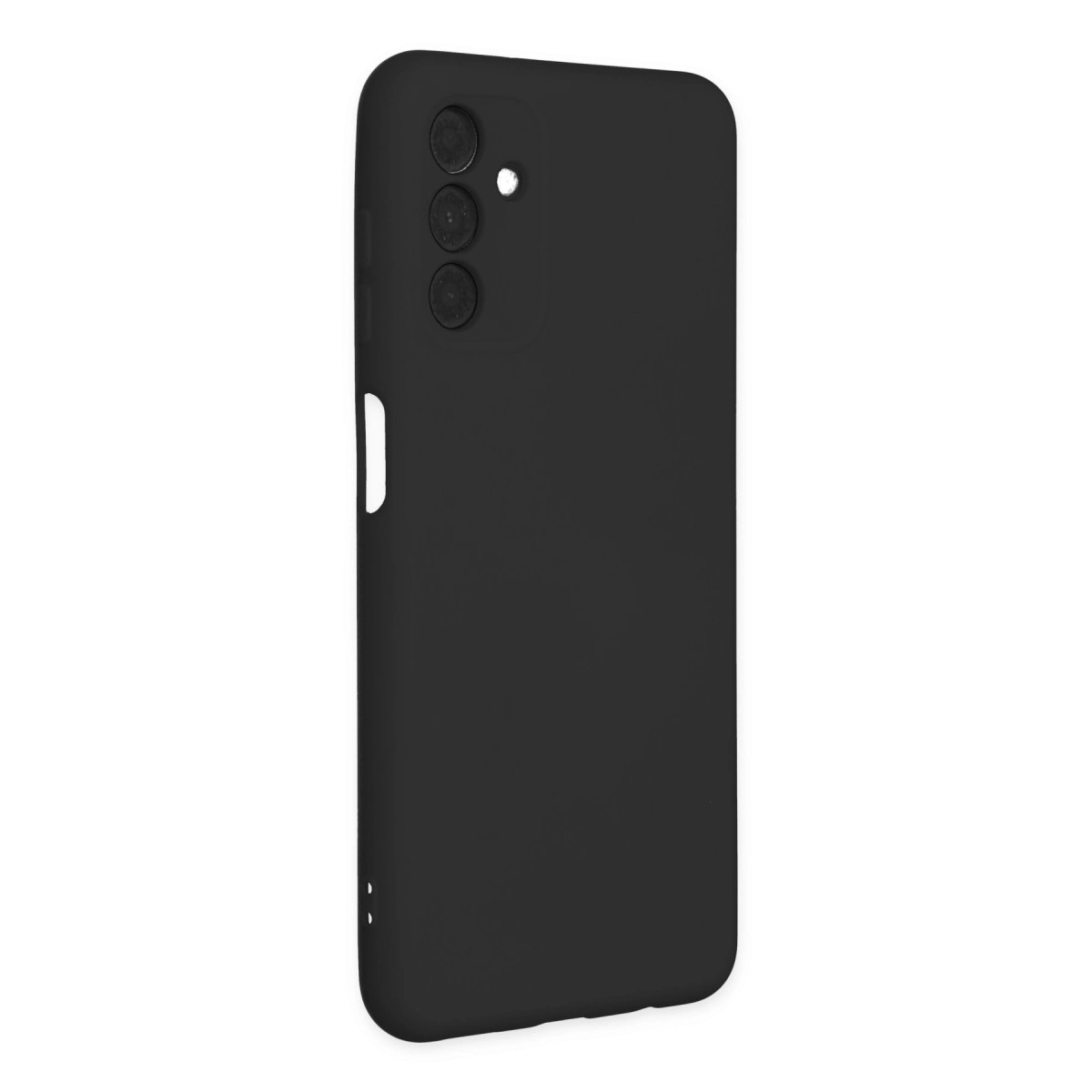 Sol üstte üç kamera lensi ve flaşı olan siyah telefon kılıfı.