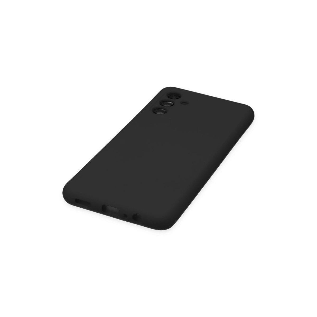 Üç kamera lensi kesiği ve şarj bağlantı noktasına sahip siyah telefon kılıfı.