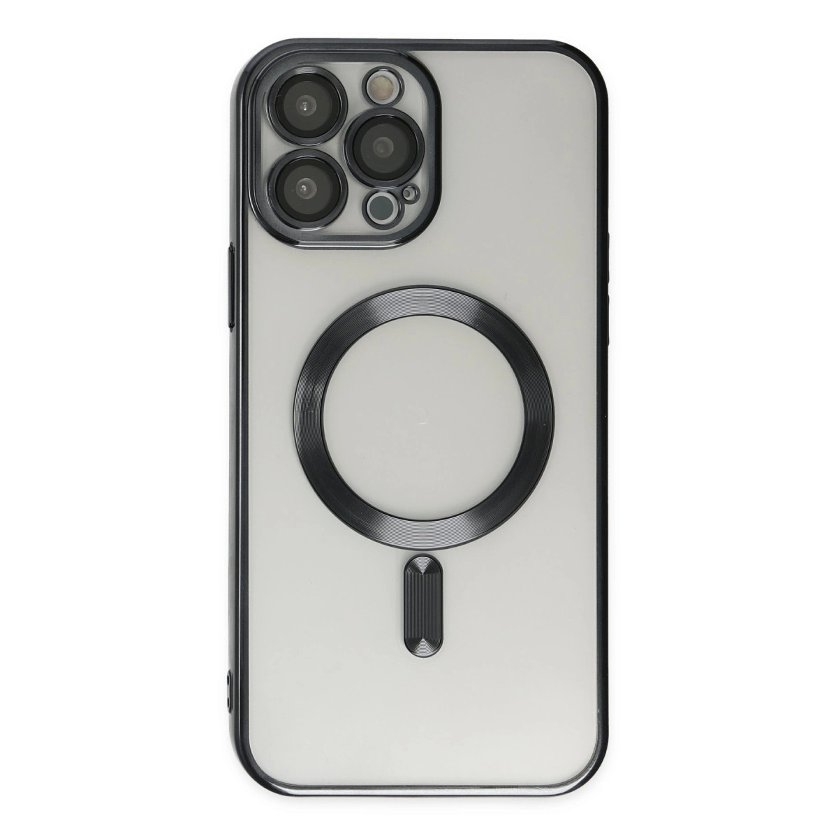 Siyah halkalı ve kamera kesimli şeffaf iPhone kılıfı.