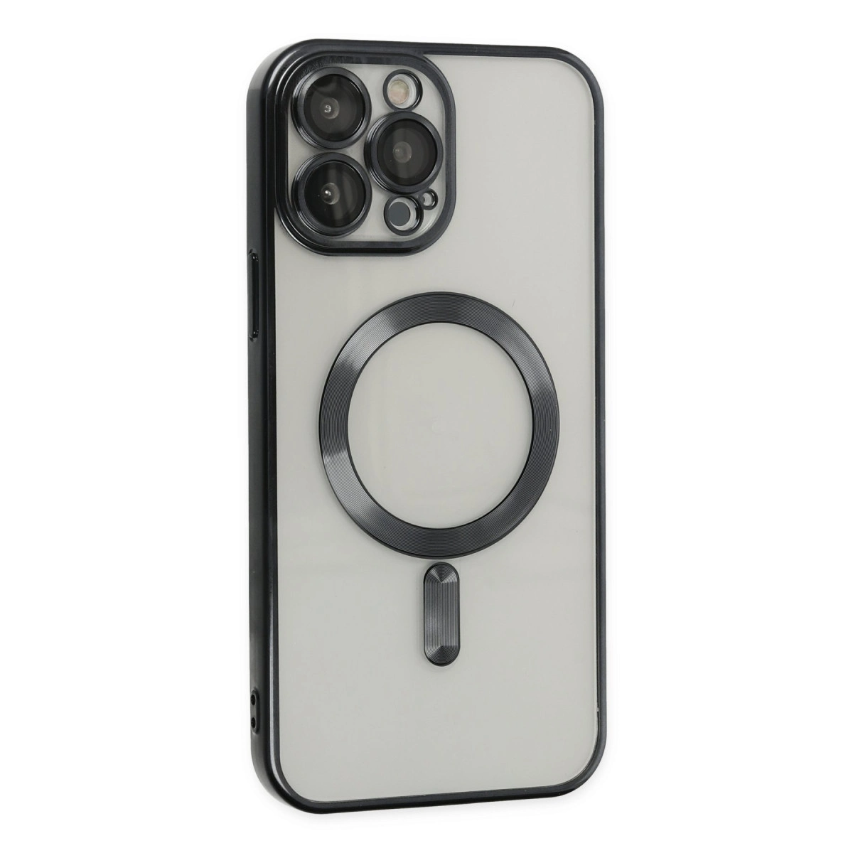 Siyah çerçeveli ve kamera dizilimli şeffaf telefon kılıfı.