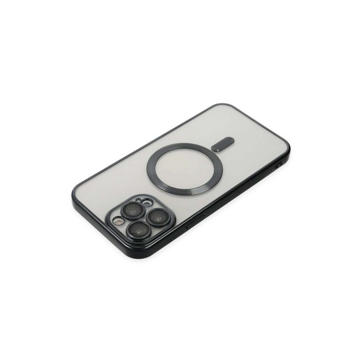 Siyah kenarlı, MagSafe halkalı ve kamera lensi kesimli şeffaf telefon kılıfı.