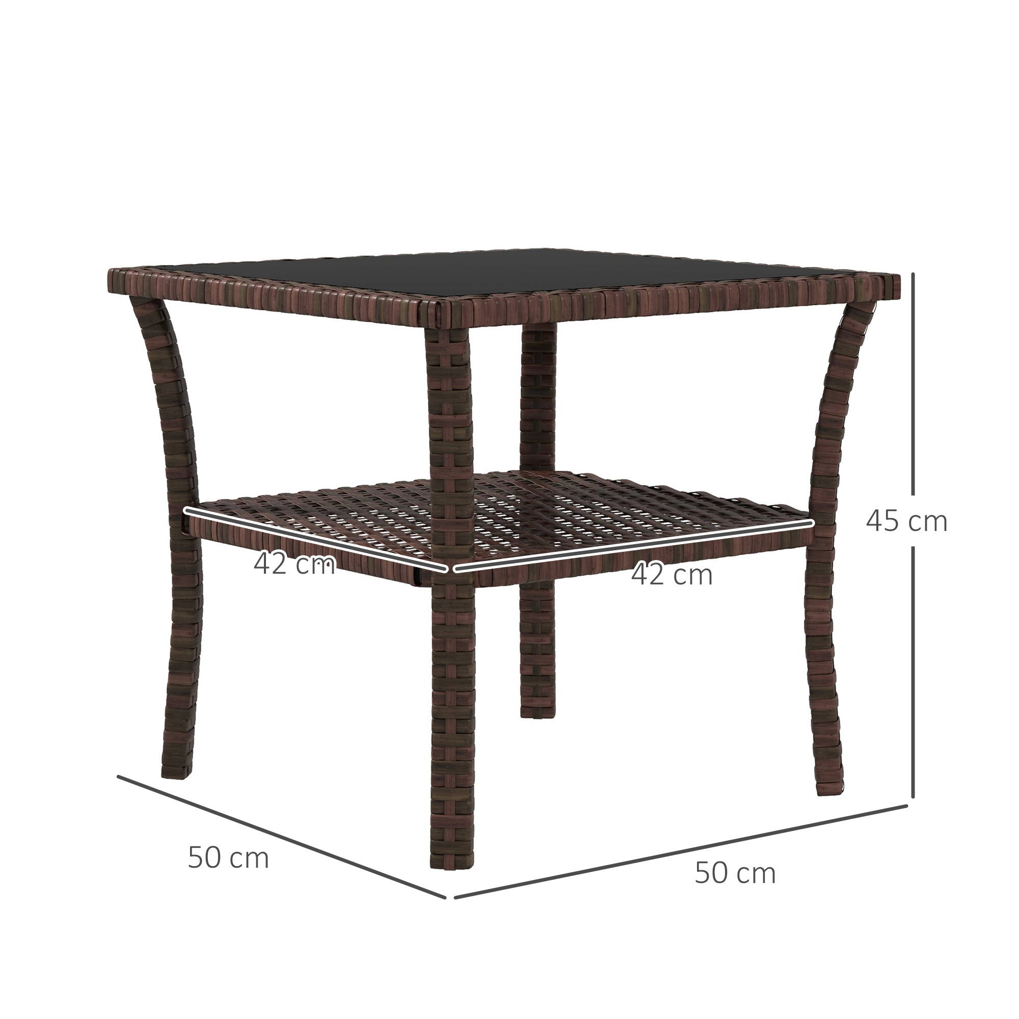 Mesa marrón de ratán de dos niveles. Dimensiones: 45x50x50 cm.