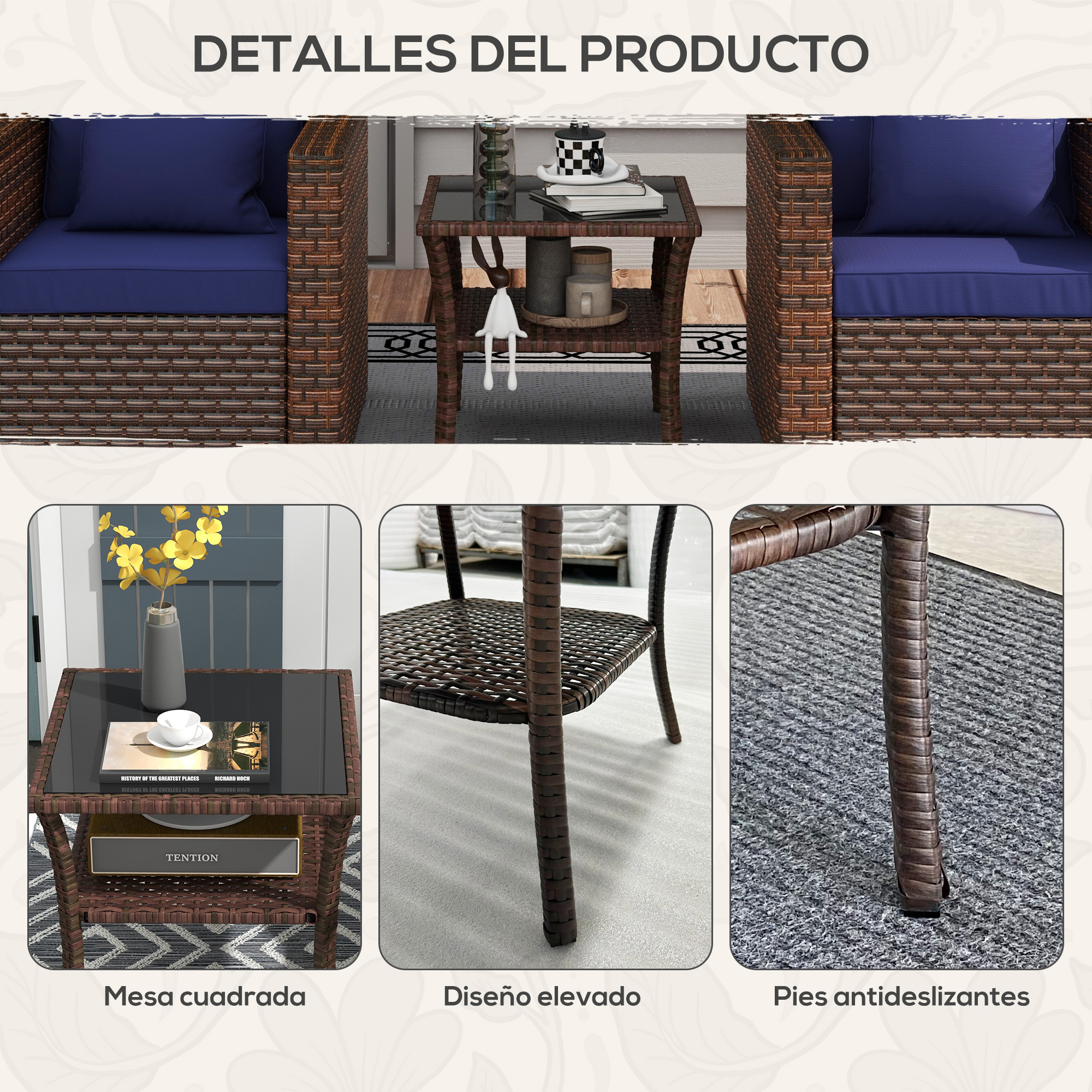 Mesa de ratán marrón con tapa de cristal, libros, taza y flores.