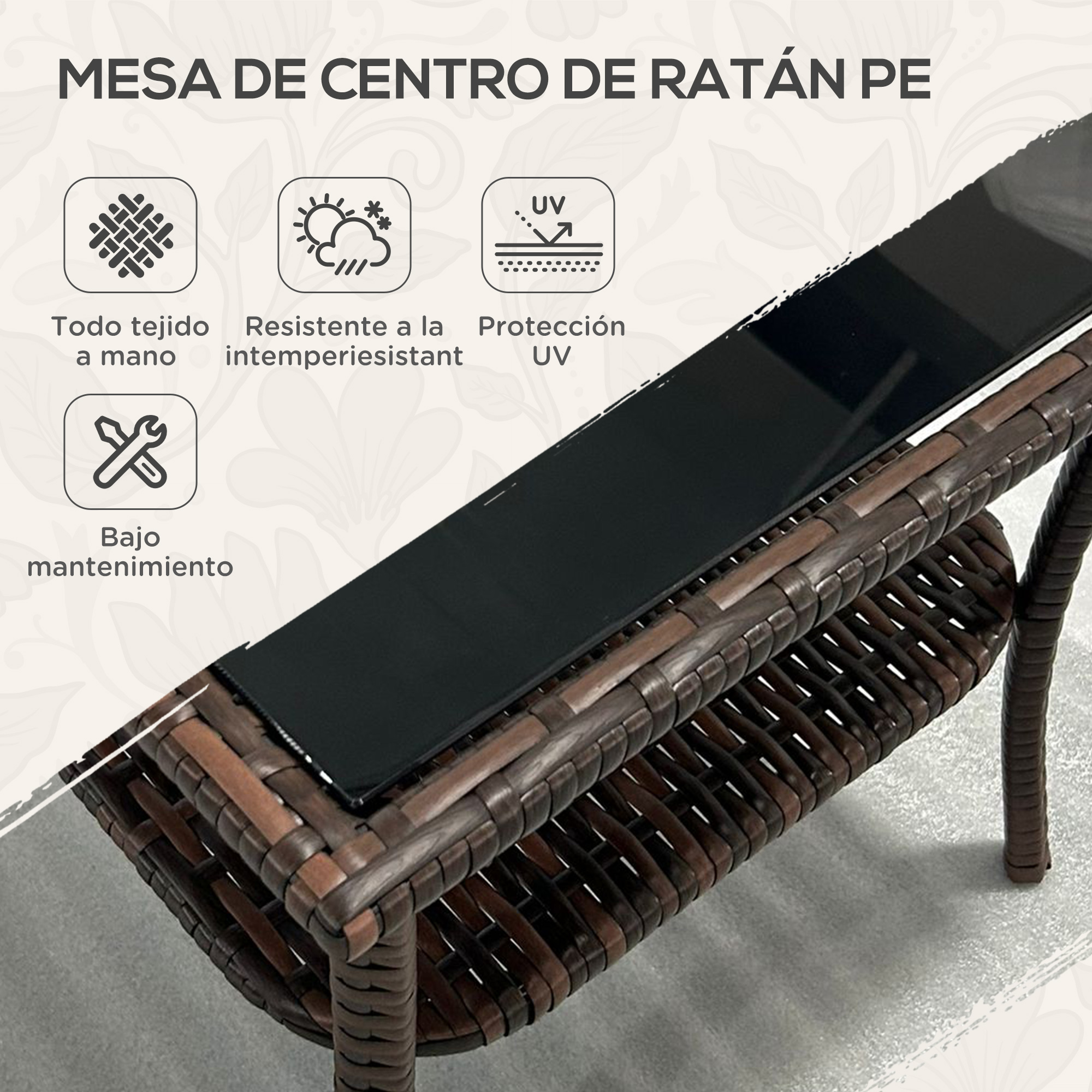 Mesa de centro de ratán marrón con tapa y estante de cristal. Iconos de tejido manual, resistente a la intemperie y a los rayos UV.