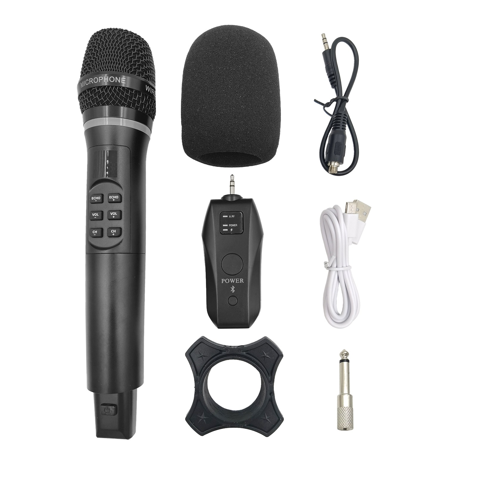 Czarny mikrofon z akcesoriami: osłona przeciwwietrzna, odbiornik, kable, uchwyt i adapter.