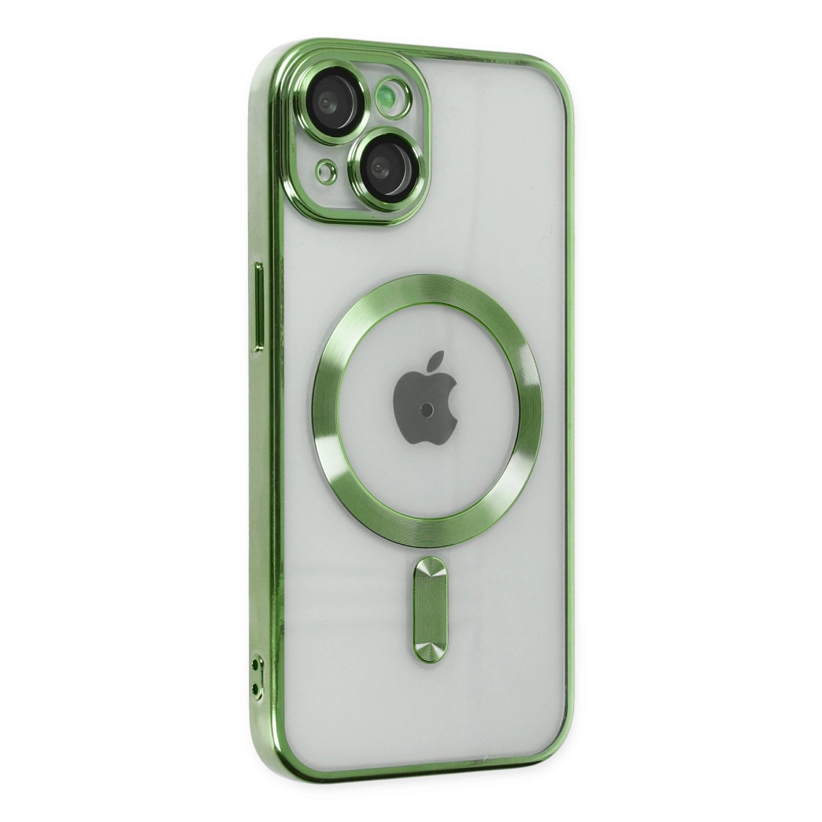 Yeşil vurgulara ve kamera dizisine sahip şeffaf iPhone kılıfı.
