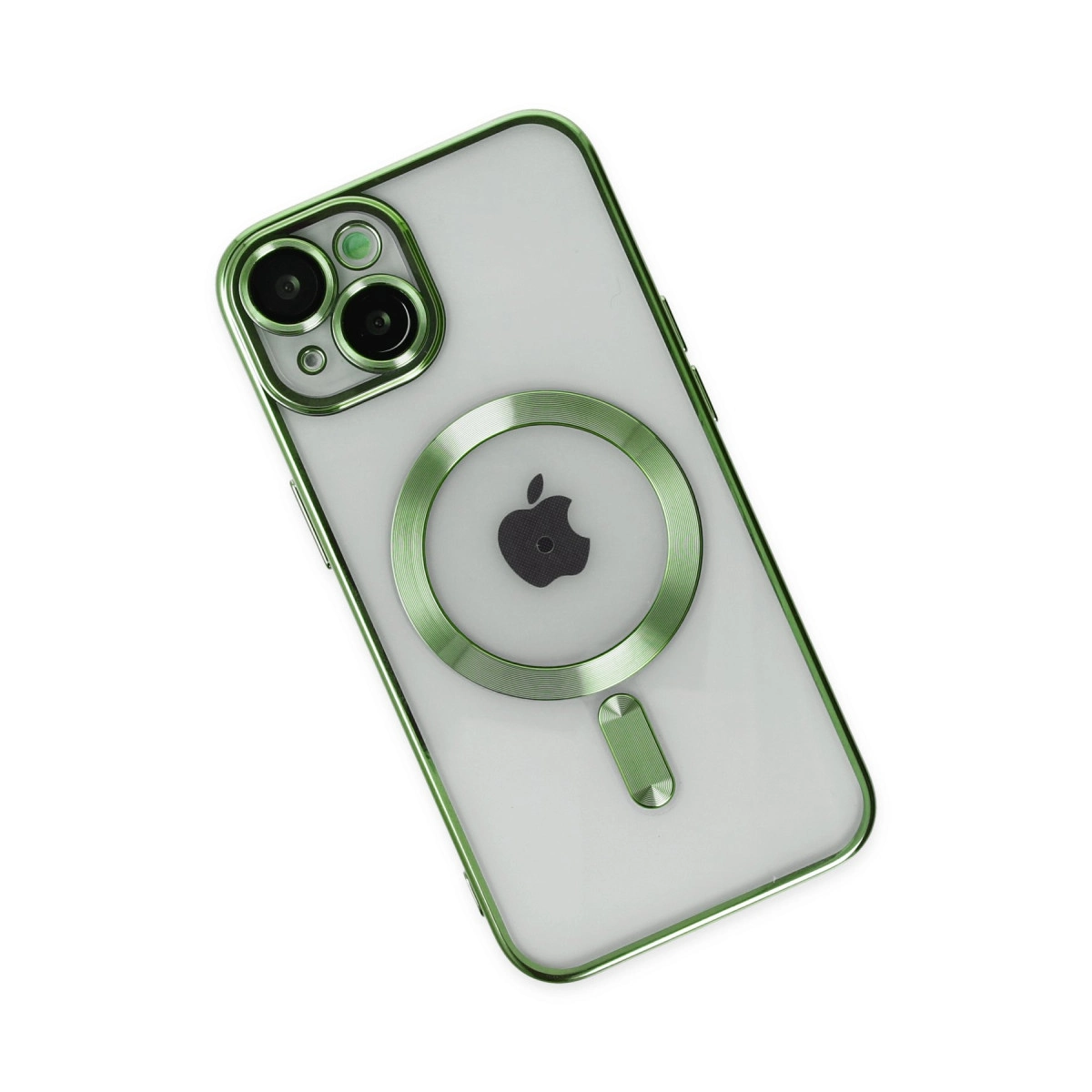 Kameralı ve Apple logolu yeşil iPhone kılıfı.