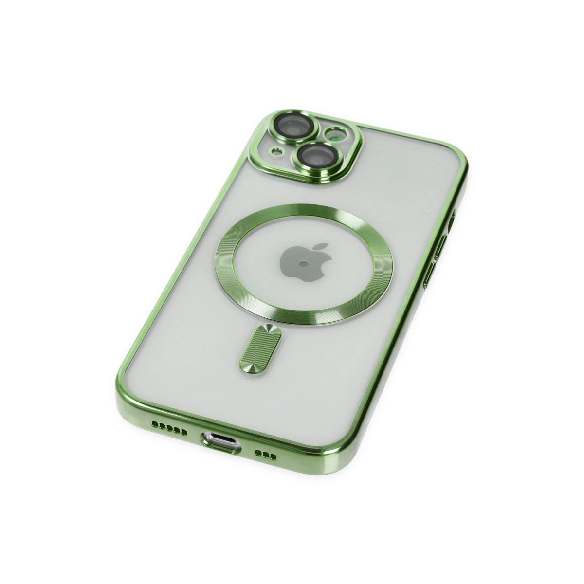 Şeffaf arkalı, MagSafe halkalı, yeşil iPhone kılıfı ve kamera adası.