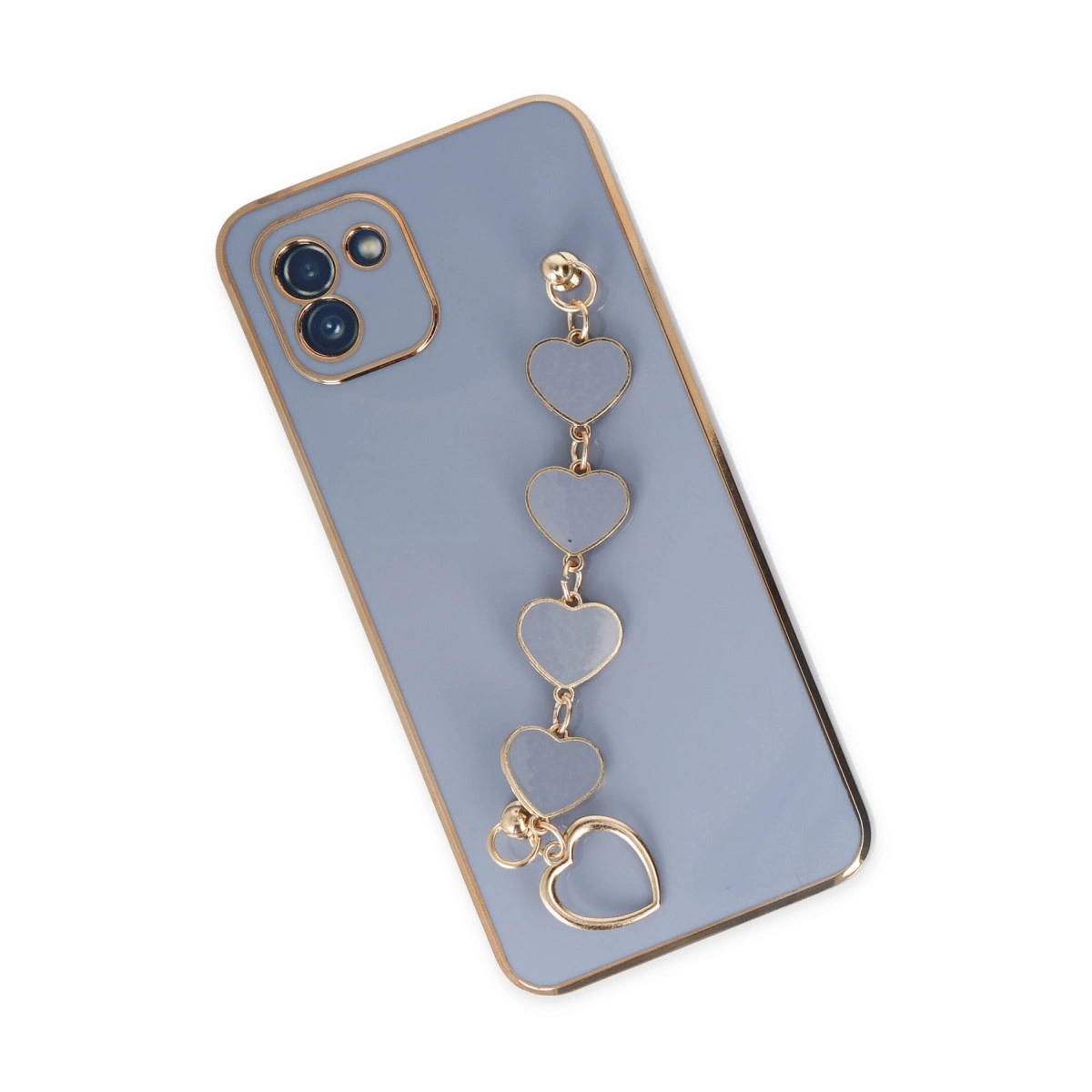 Altın kenarlı mavi telefon ve kalp şeklinde charm.