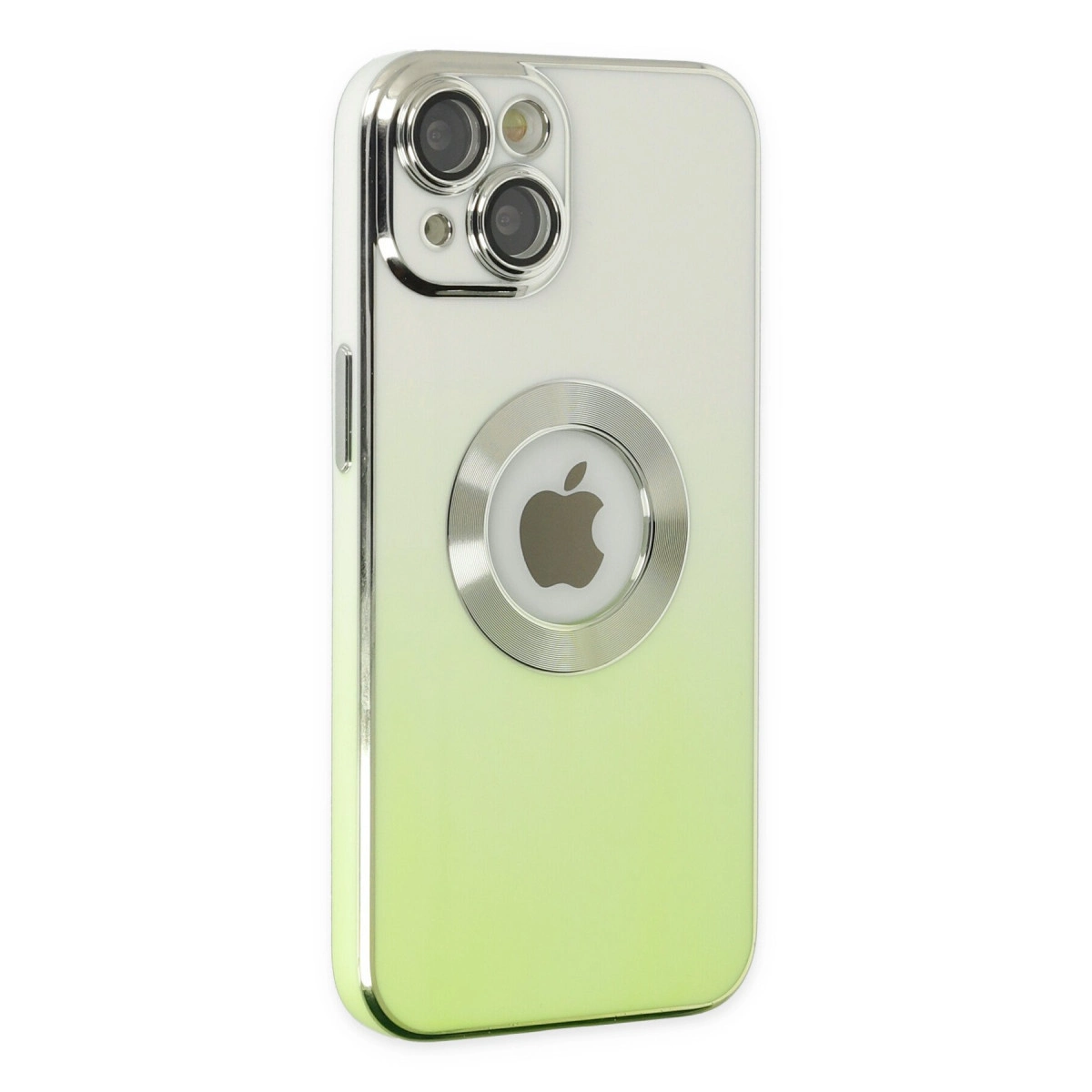 Apple logosu ve üç kamerası olan açık yeşil iPhone kılıfının arkası.
