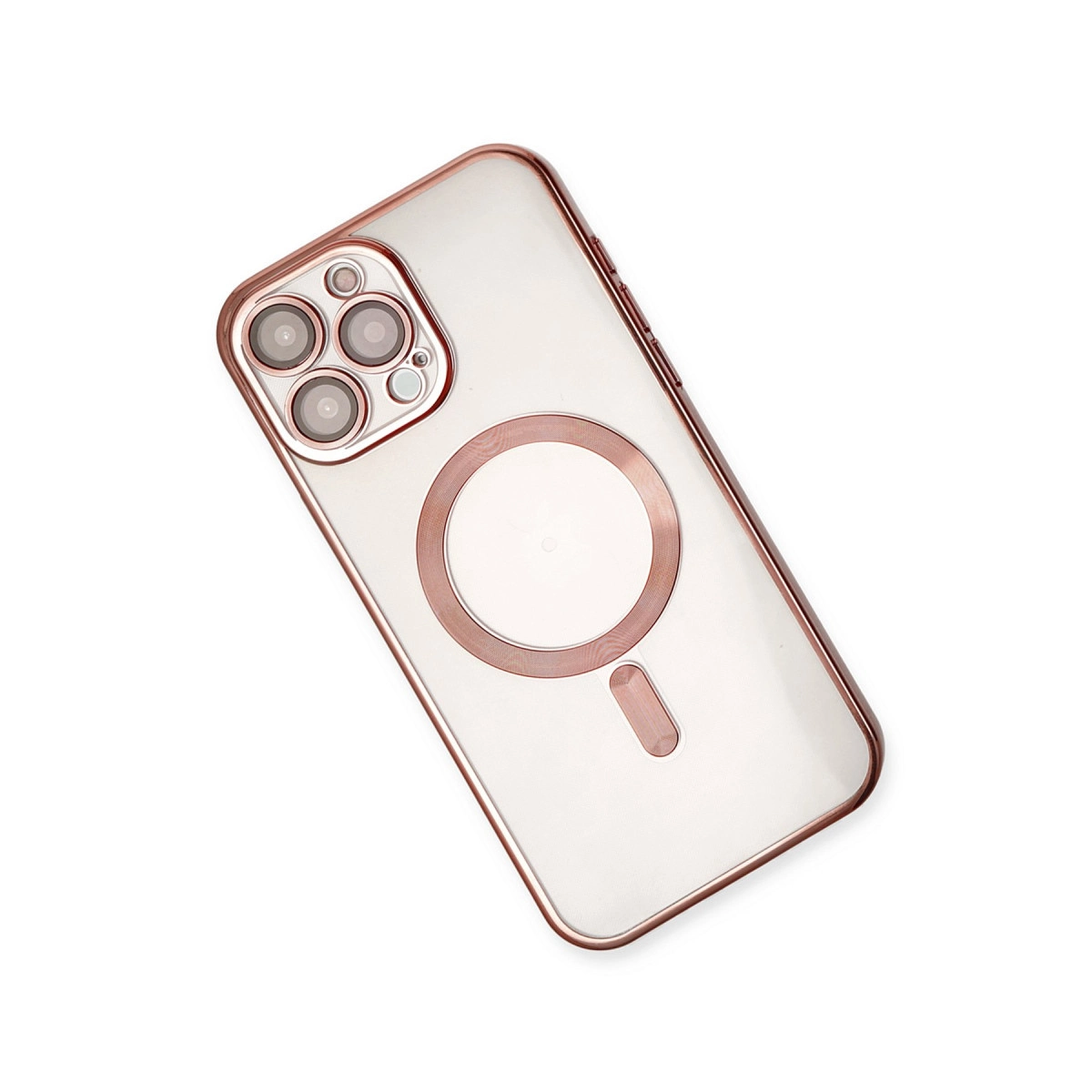 Rose altın kenarlı, kamera lensli ve MagSafe halkalı şeffaf telefon kılıfı.