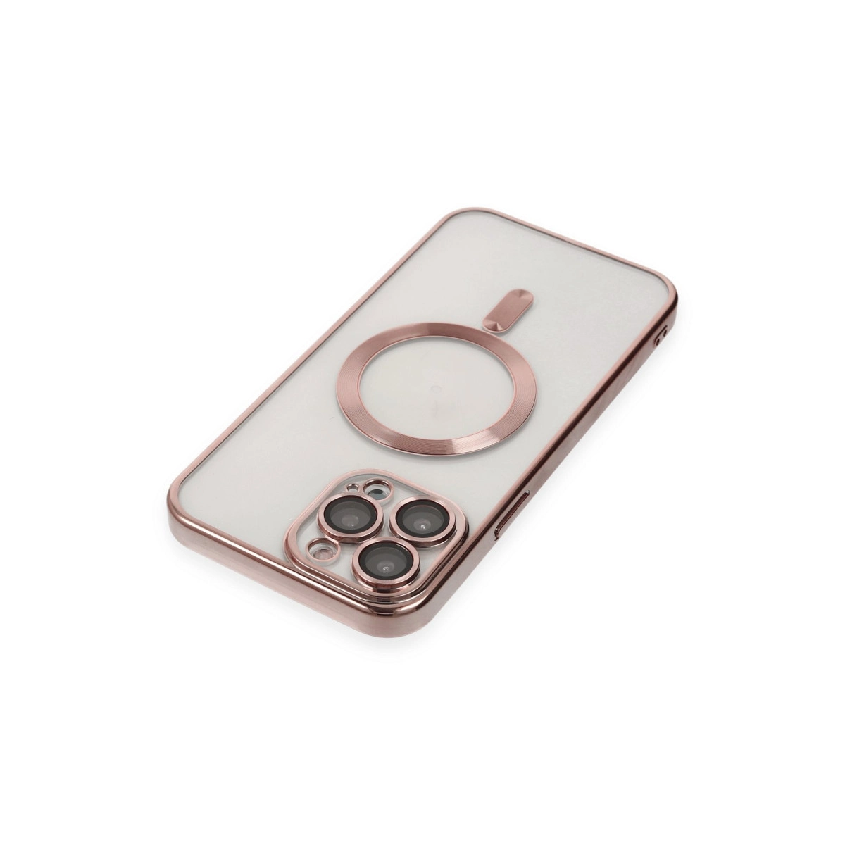 Şeffaf arkalı ve üç kameralı, rose gold rengi telefon kılıfı.