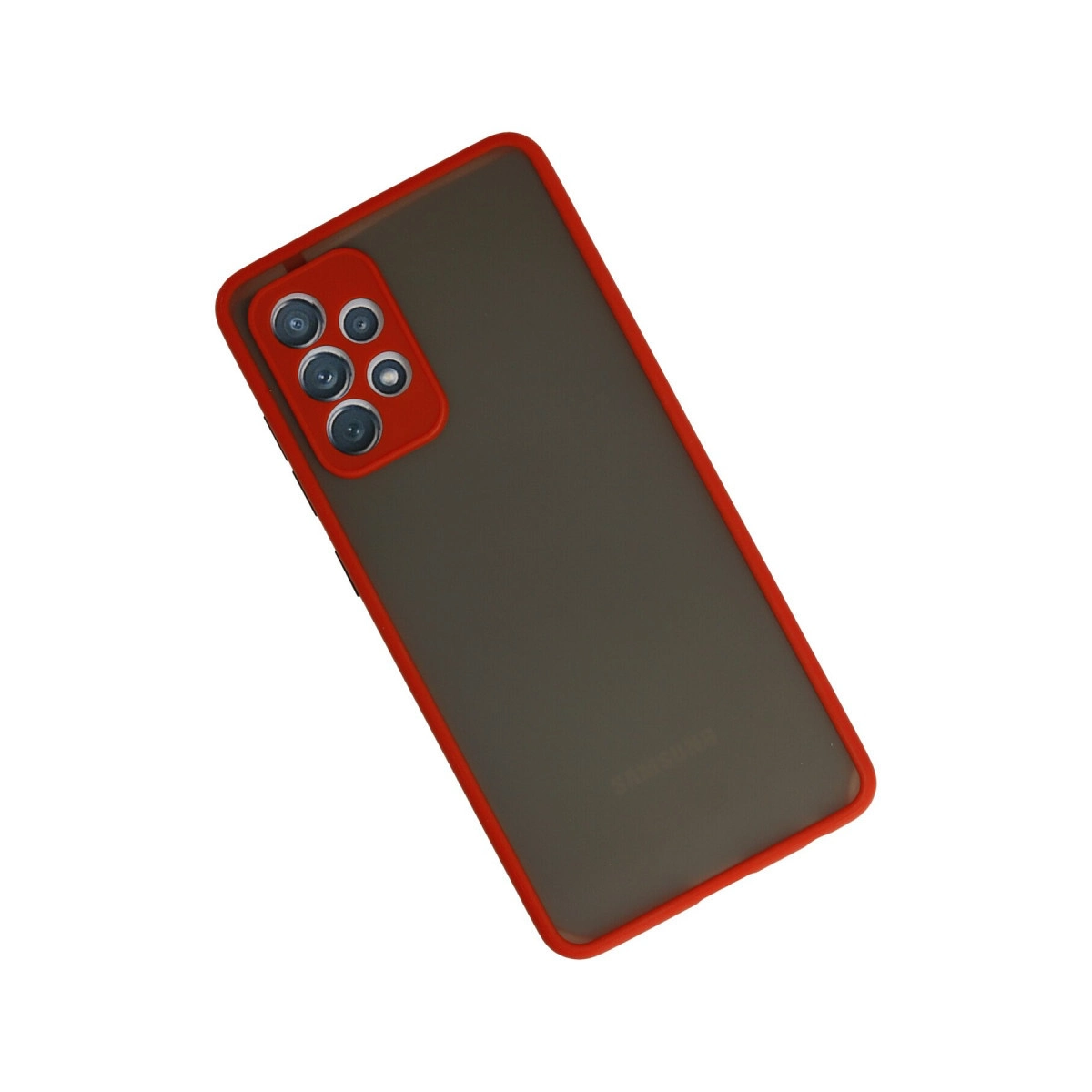 Kırmızı kenarlı ve kamera modüllü gri telefon kılıfı.