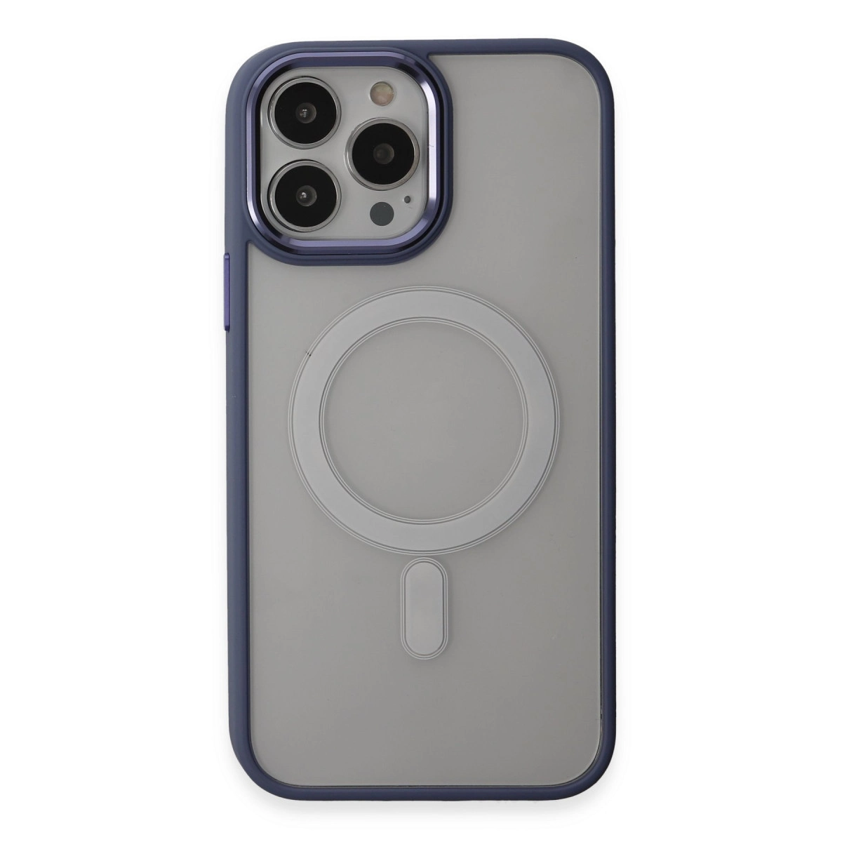 Koyu mavi kenarlı ve kamera modüllü şeffaf telefon kılıfı.
