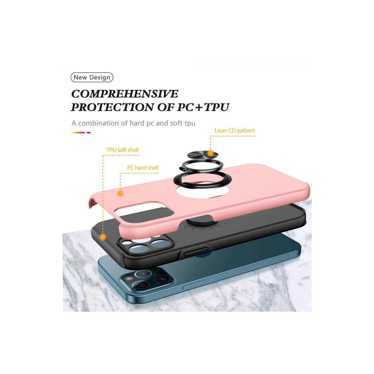 Telefon kılıfının patlatılmış görünümü: pembe TPU kabuk, siyah PC kabuk ve mavi telefon tabanı.