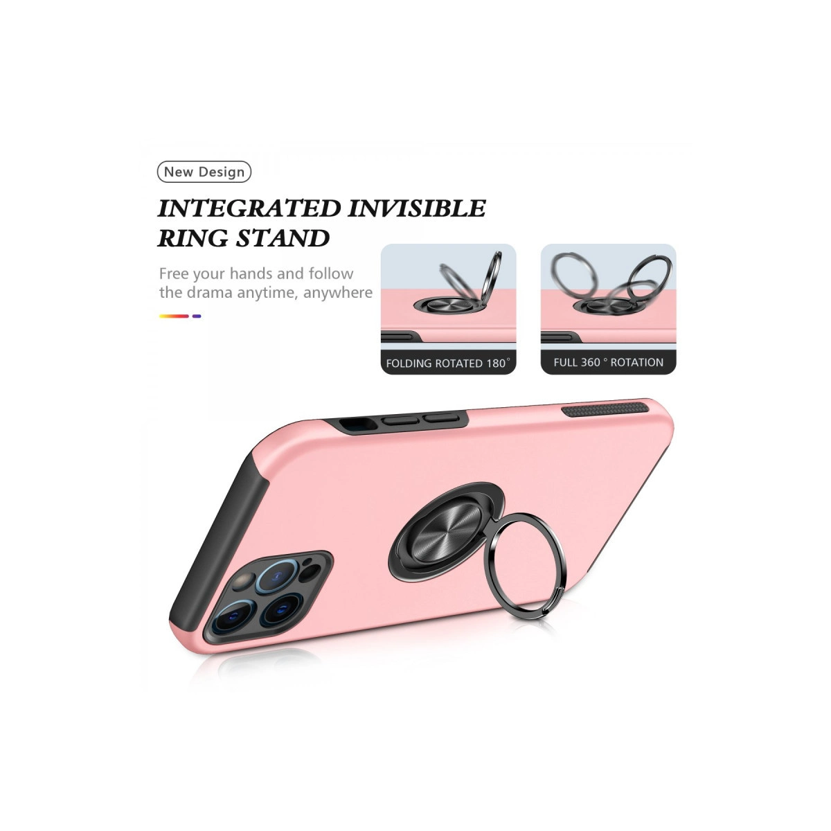 180 derece katlanabilen, entegre halka stantlı pembe telefon kılıfı.