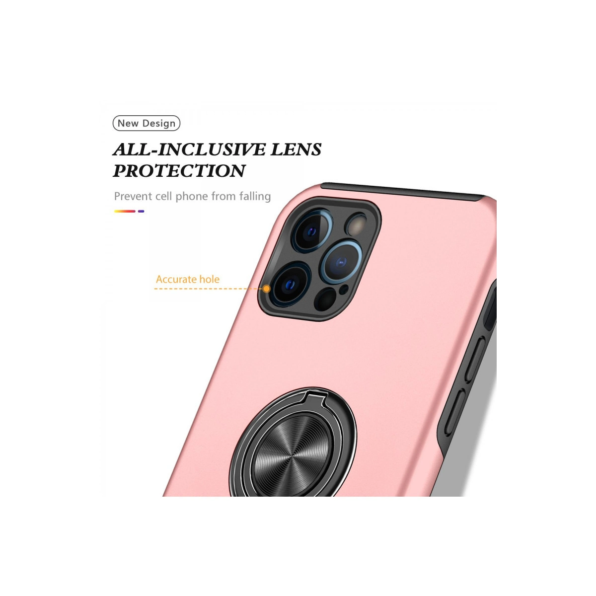 Lens korumalı ve halka tutuculu pembe bir telefon kılıfı gösteriliyor.