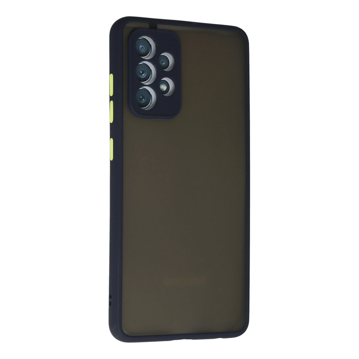 Altı kameralı kesime ve sarı düğmelere sahip koyu gri telefon kılıfı.