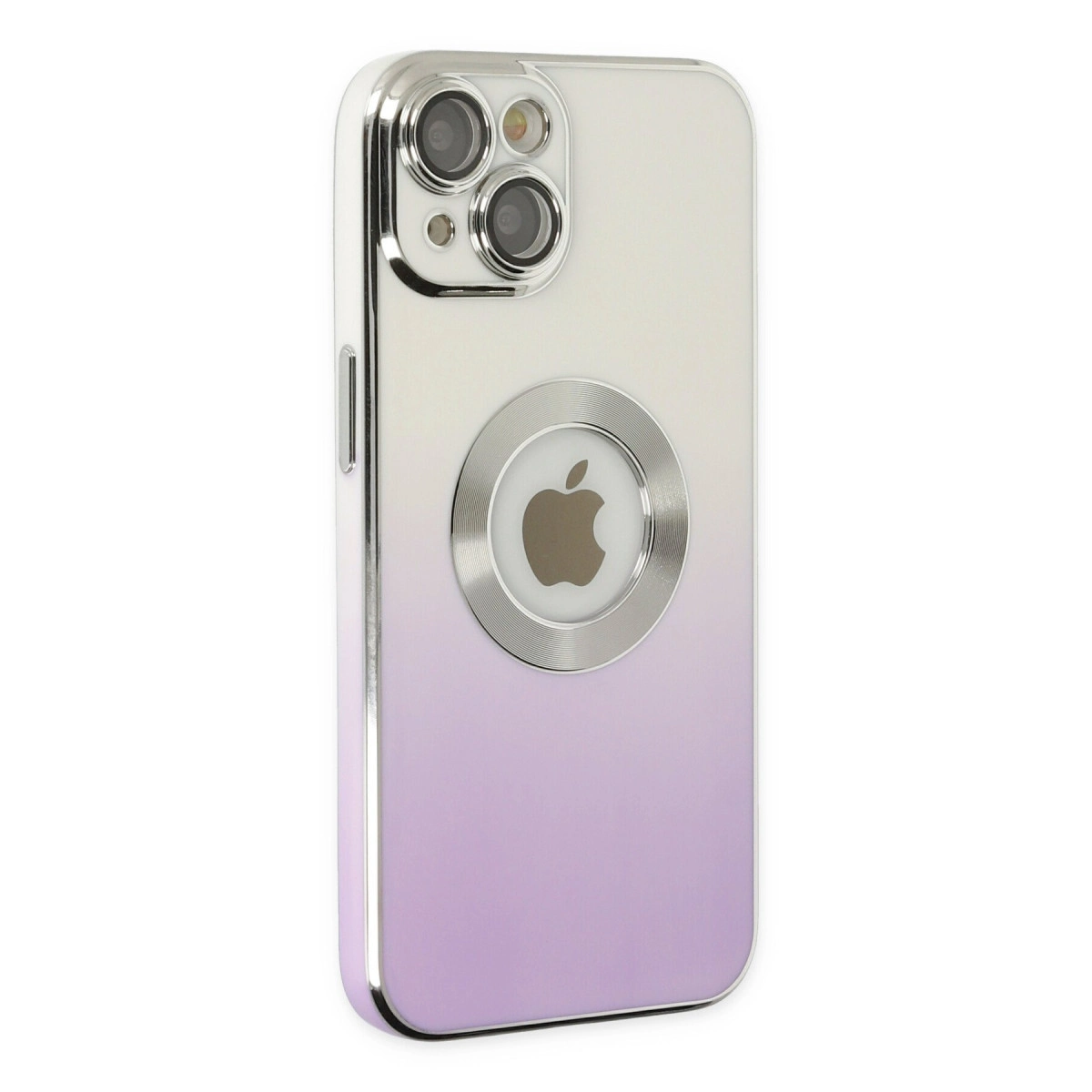 Apple logosu ve kamera seti bulunan mor ve beyaz telefon kılıfı.