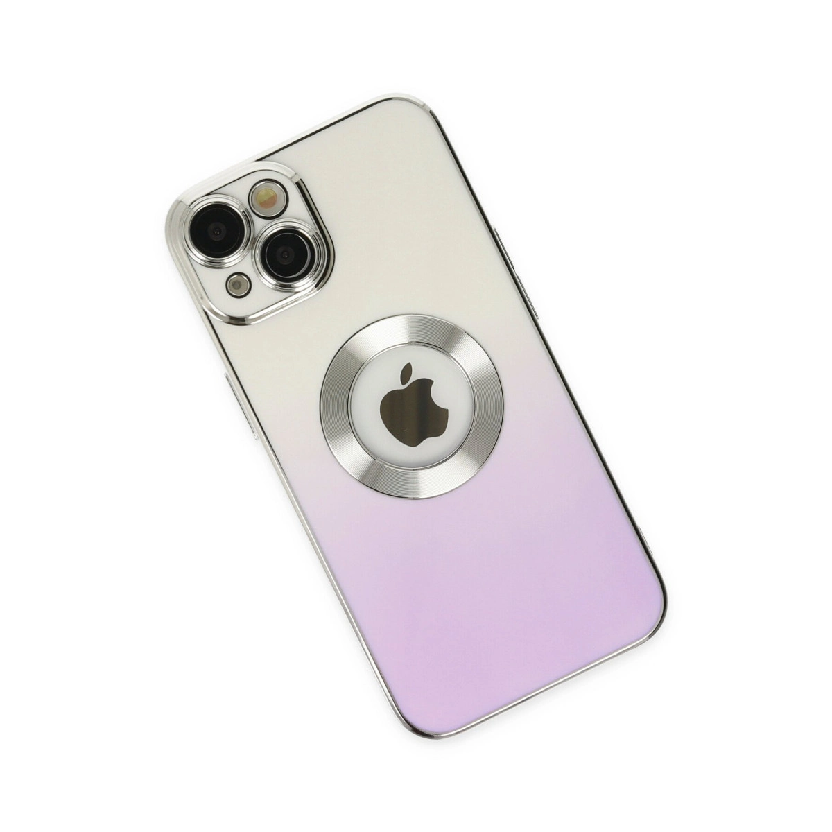 Arkada üçlü kamera ve Apple logosu bulunan iPhone, beyazdan mor gradyan.