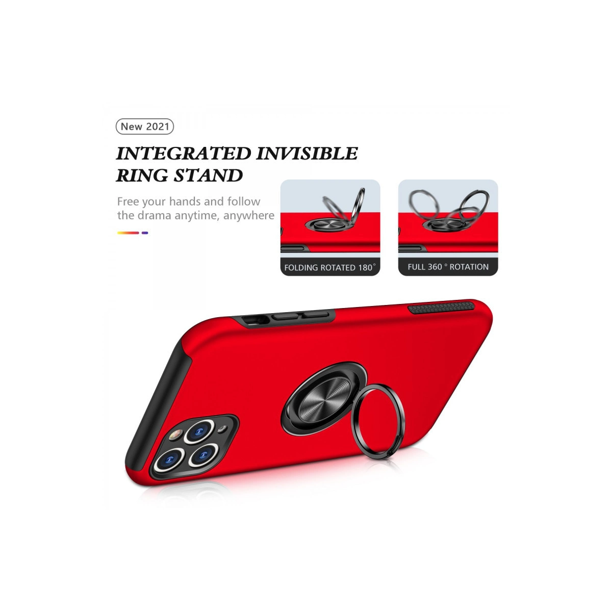 Entegre halka stantlı kırmızı telefon kılıfı, 180° katlanır, 360° döner.