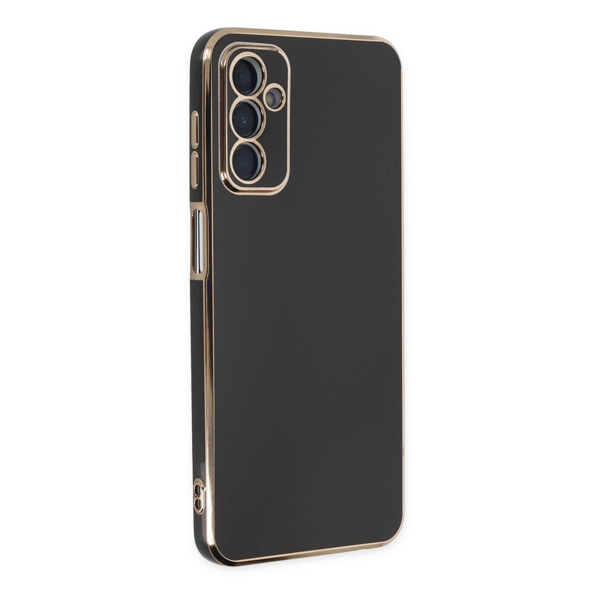 Altın kenarlı ve kamera kesimli siyah telefon kılıfı.