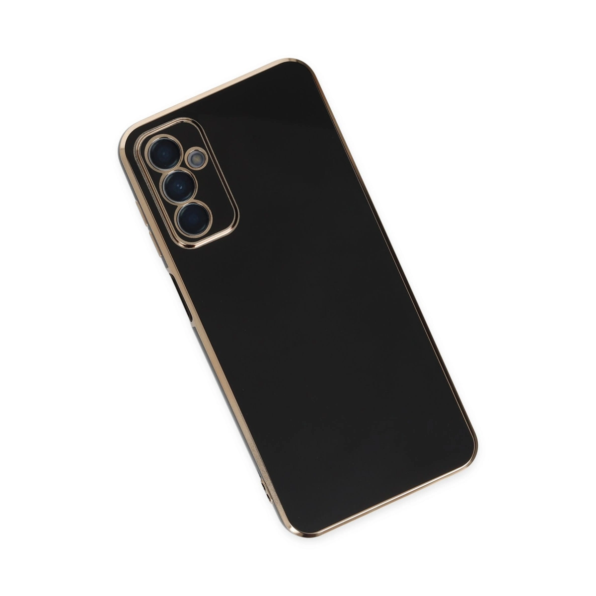 Altın kenarlı ve kamera kesimli siyah telefon kılıfı.