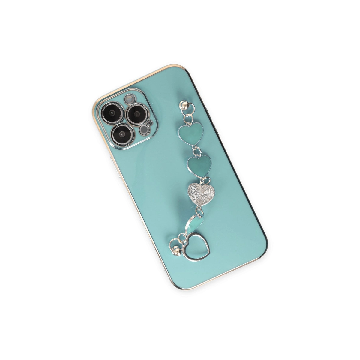 Kalp charm bileklikli turkuaz akıllı telefon, beyaz zeminde.