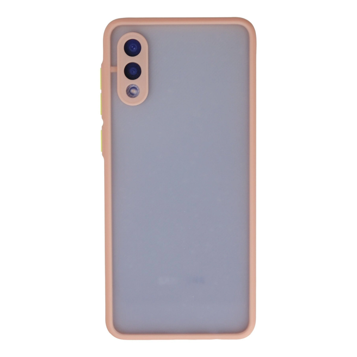 Pembe kenarlı ve kamera kesimli şeffaf telefon kılıfı.