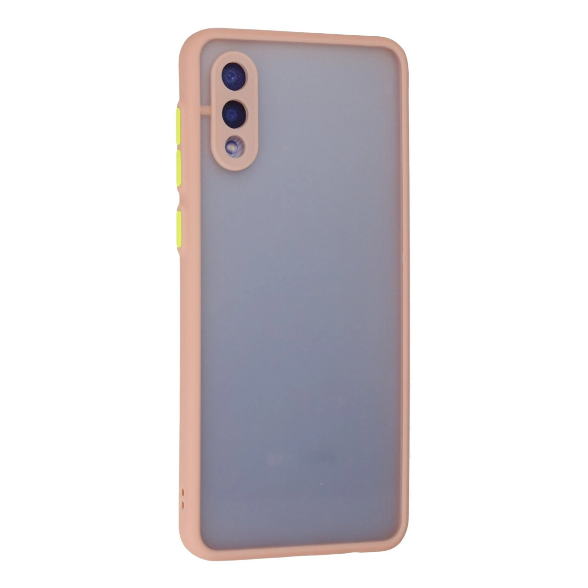 Mat gri arka ve üç kamera lensli açık pembe telefon kılıfı.