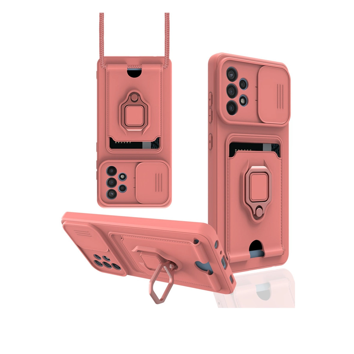 Halka tutuculu ve kamera kapaklı pembe telefon kılıfı.