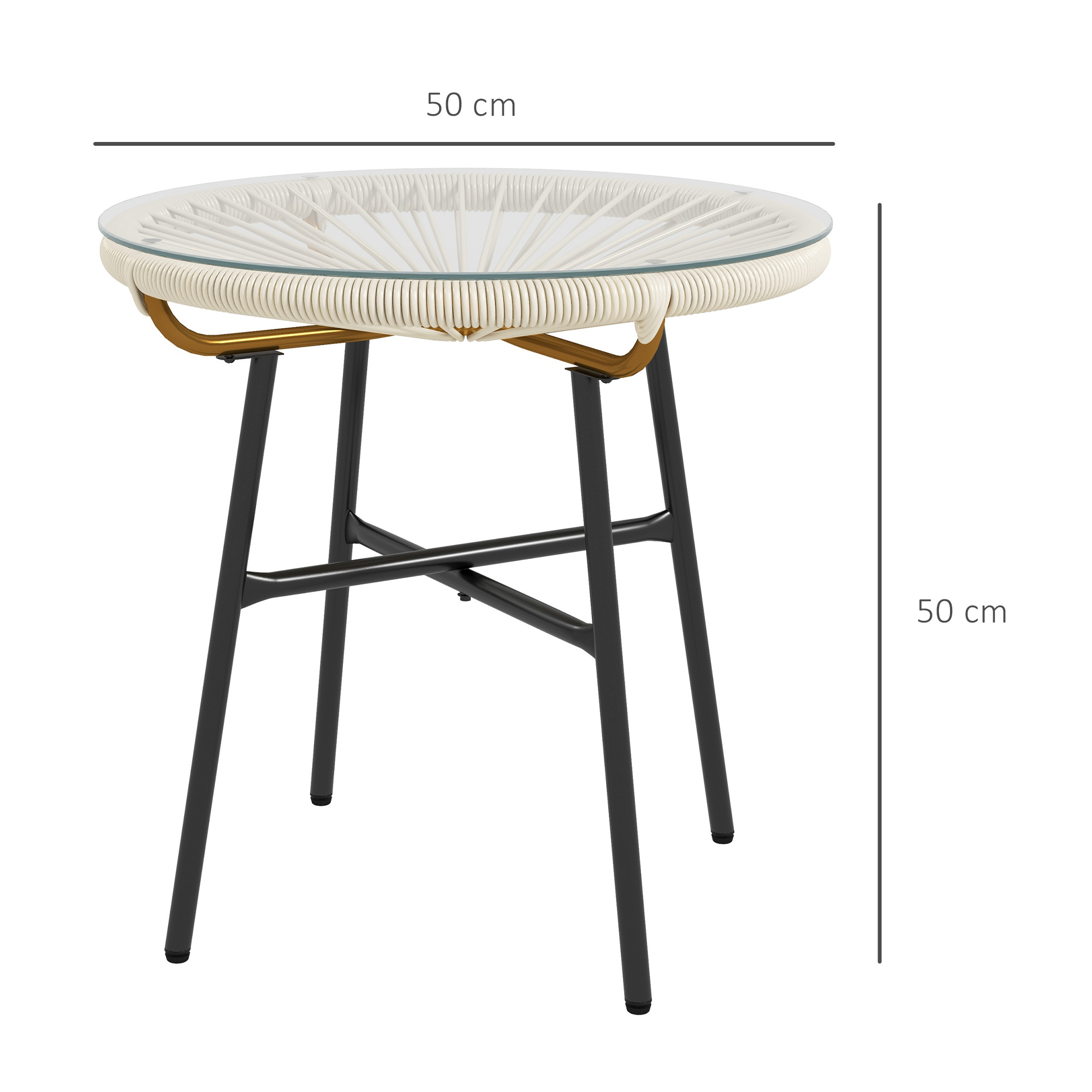 Mesa redonda con tapa de cristal, tejido de ratán blanco y patas negras.