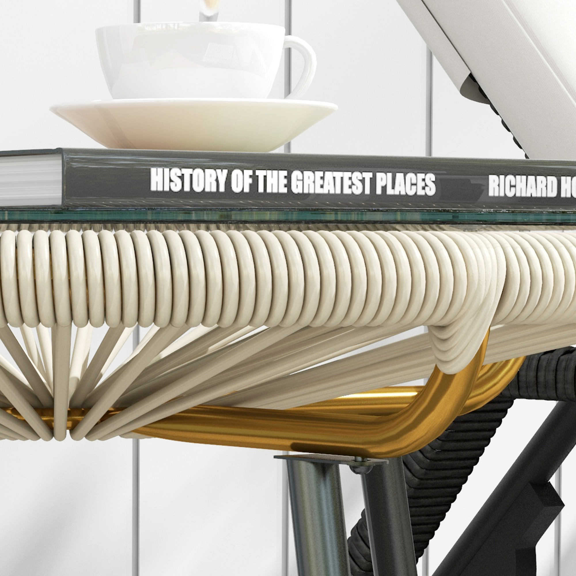 Un libro titulado "History of the Greatest Places" descansa sobre una mesa auxiliar.