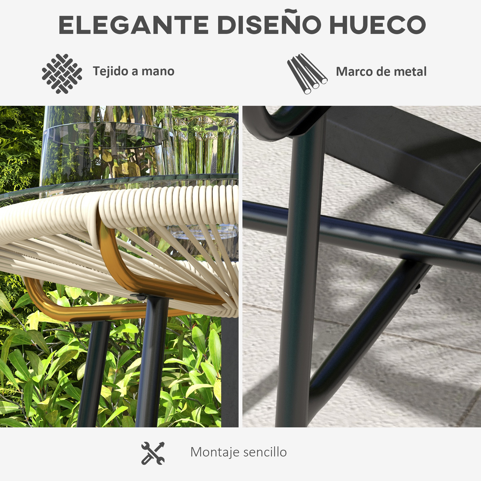 Primer plano de silla de mimbre con asiento tejido a mano, patas doradas y marco de metal negro.