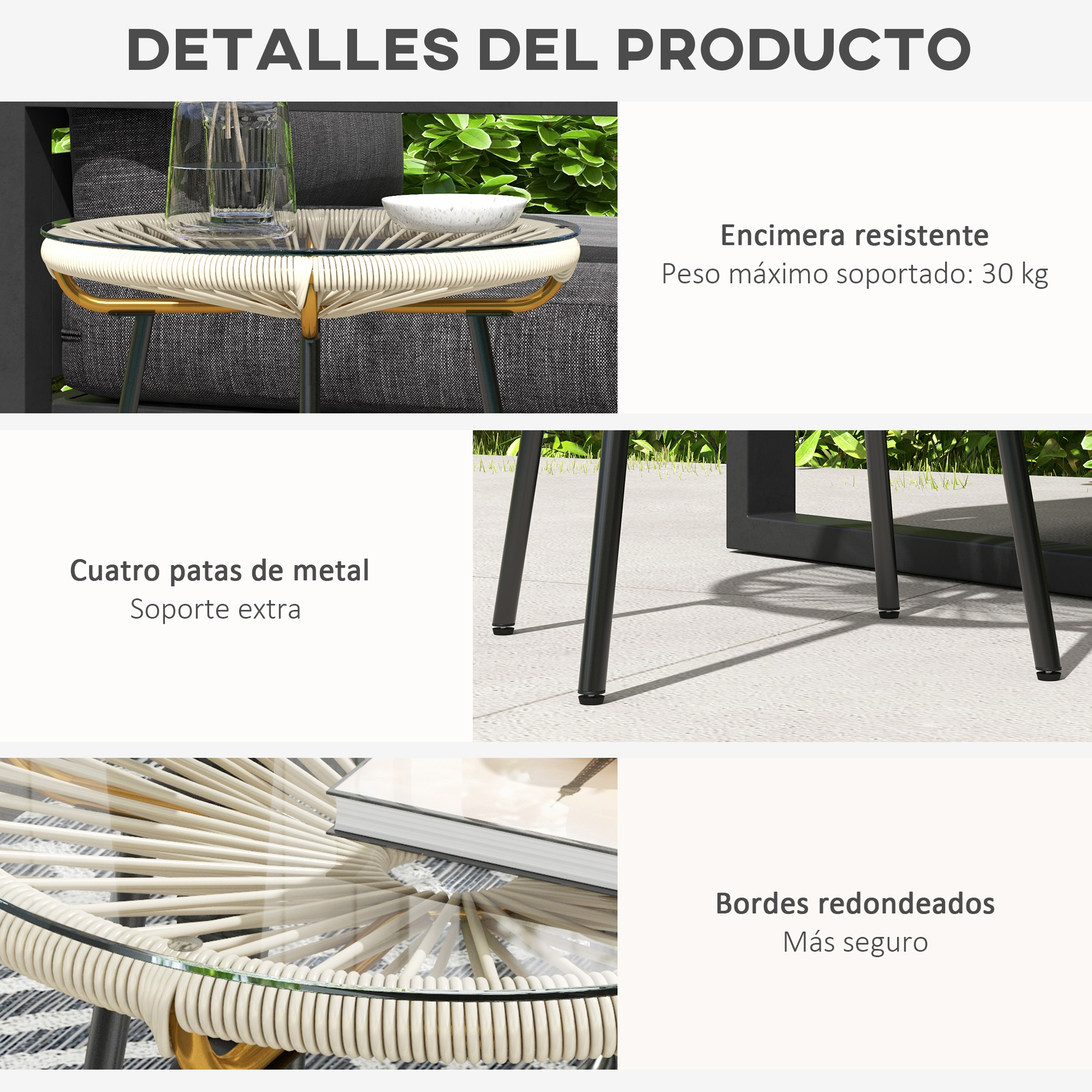 Una mesa auxiliar con tapa redonda de cristal, tejido de ratán blanco y patas metálicas.