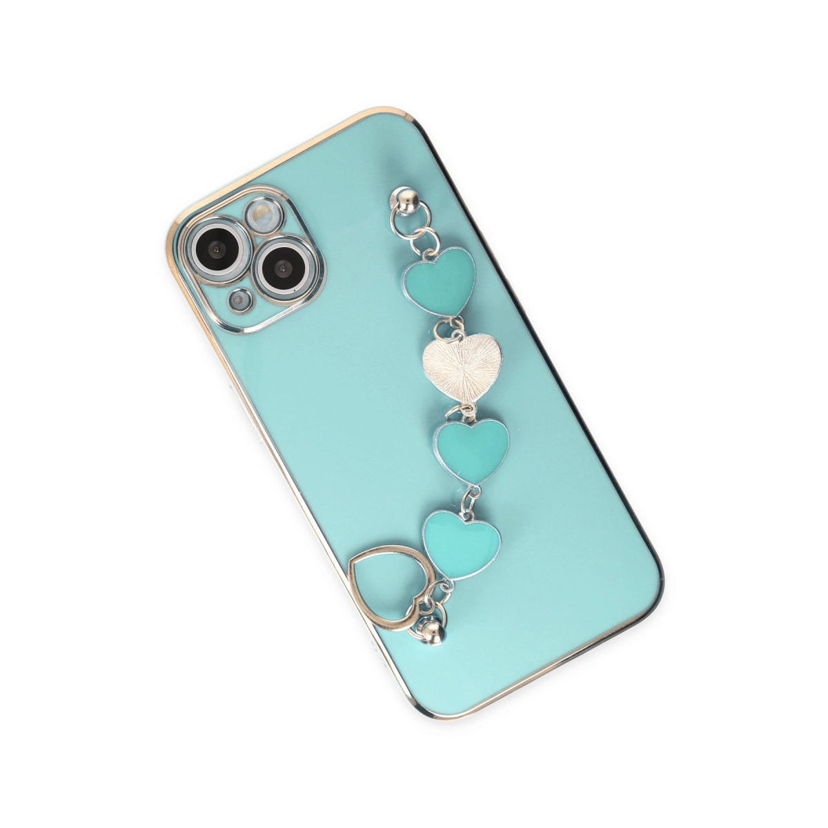 Kalp charm bileklikli ve halkalı turkuaz telefon kılıfı.