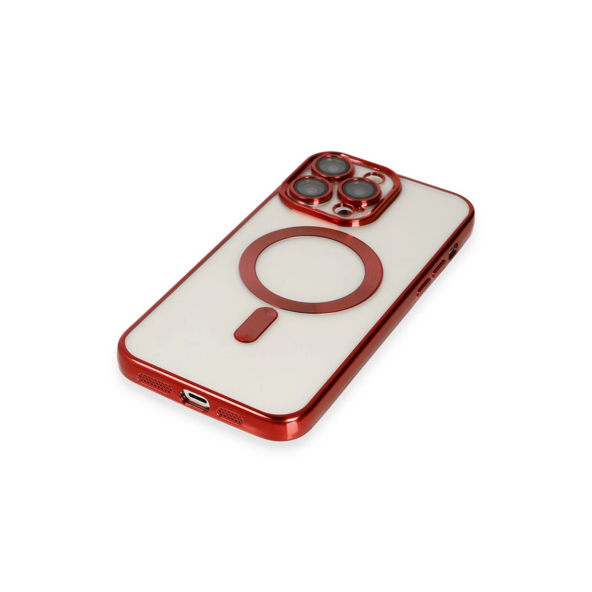Beyaz arka plan üzerinde kameralı ve manyetik halkalı kırmızı iPhone kılıfı.