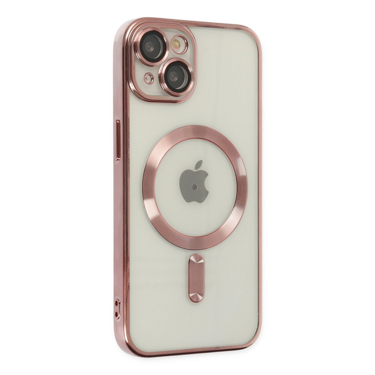 MagSafe halkalı ve Apple logolu, rose gold iPhone kılıfı.