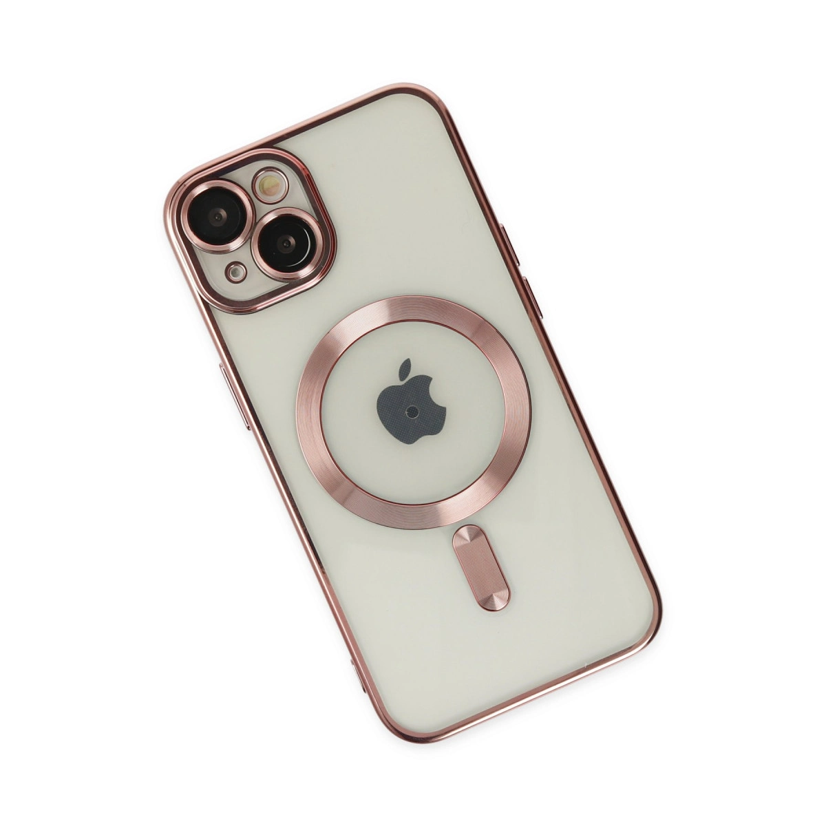 Roze altın kenarlı ve MagSafe halkalı şeffaf iPhone kılıfı.
