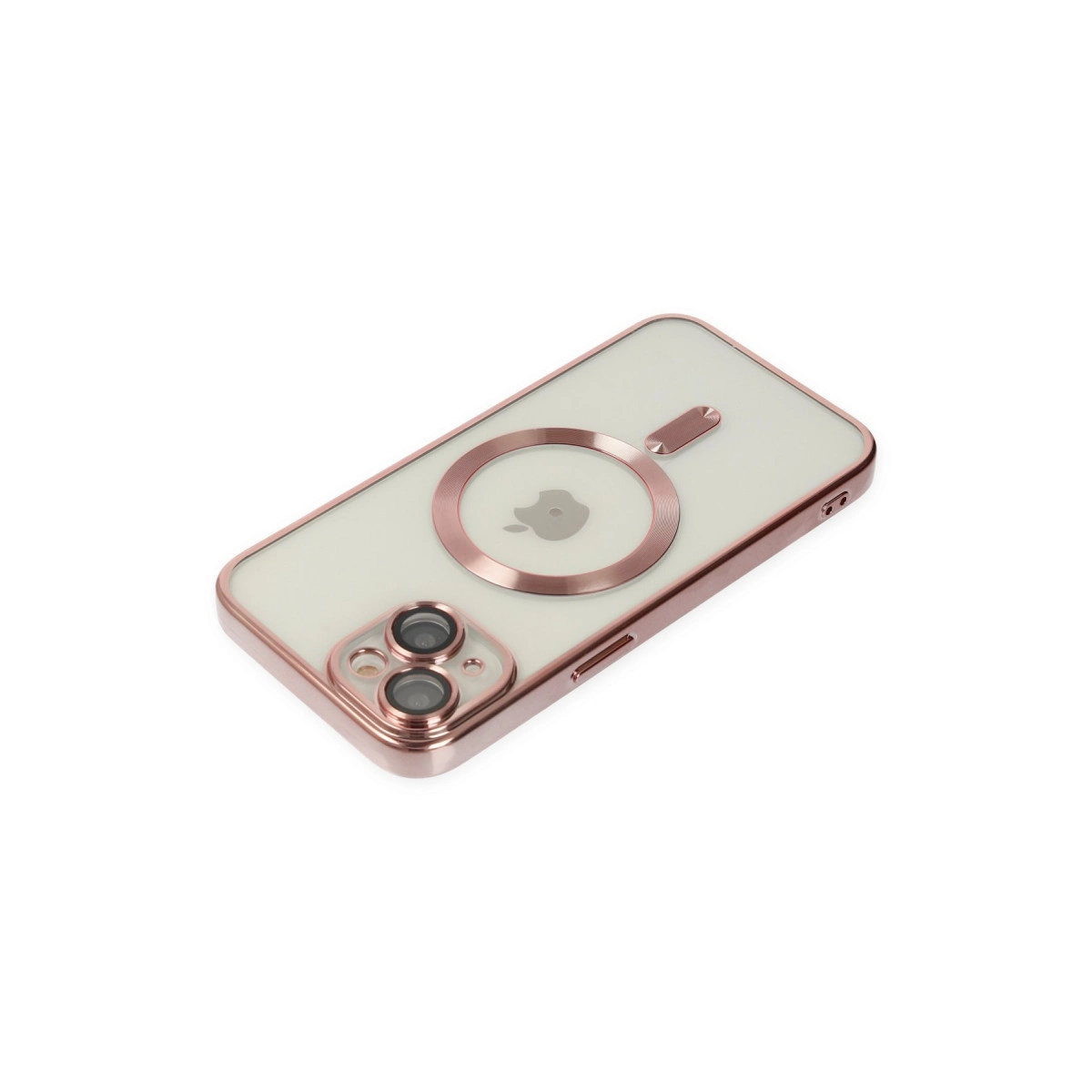 Beyaz arka plan üzerinde MagSafe halkalı, rose gold iPhone kılıfı.
